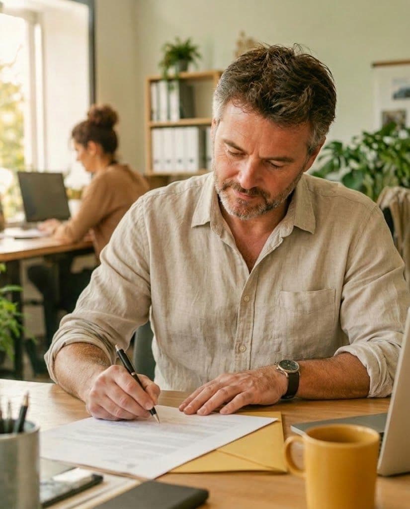 Un dirigeant signe le document unique de son entreprise à son bureau